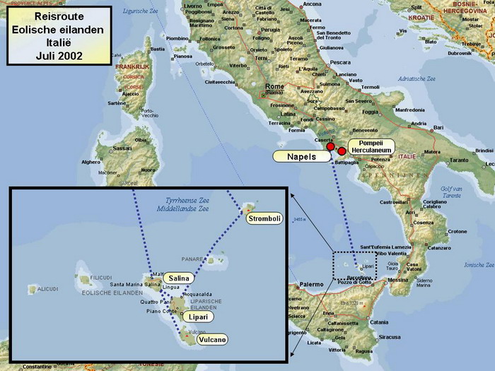 Travel route / Map In the springtime of 2002 I went to the Aeolian Islands with Joker for 10 days. These islands are situated between the mainland of Italy and Sicily. The trip started in Naples with a visit to Pompeii and Herculaneum. Afterwards we explored the different picturesque islands (Salina, Lipari, Vulcano, Stromboli) with the climb of the active volcano Stromboli as climax. Stefan Cruysberghs